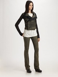 Heavy stretch denim in two complimentary washes, accented with leather panels along the sleeves.Foldover stand collarConcealed asymmetrical button frontLong leather sleevesFully linedAbout 25 from shoulder to hemBody: 91% cotton/9% elastaneSleeves: 90% leather/10% woolDry cleanMade in Italy of imported fabricModel shown is 5'11 (180cm) wearing US size Small. Heavy stretch denim in two complimentary washes, accented with leather panels along the sleeves.Foldover stand collarConcealed asymmetrical button frontLong leather sleevesFully linedAbout 25 from shoulder to hemBody: 91% cotton/9% elastaneSleeves: 90% leather/10% woolDry cleanMade in Italy of imported fabricModel shown is 5'11 (180cm) wearing US size Small.