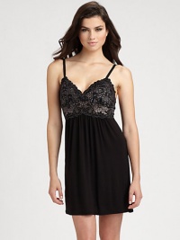 Supremely soft jersey is paired with a floral lace bodice for a truly romantic look. Sweetheart neckline with scalloped edgesAdjustable strapsLace bodiceGathered empire waistAbout 33 from shoulder to hemModal/spandexMachine washImported Supremely soft jersey is paired with a floral lace bodice for a truly romantic look. Sweetheart neckline with scalloped edgesAdjustable strapsLace bodiceGathered empire waistAbout 33 from shoulder to hemModal/spandexMachine washImported
