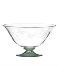Etched with butterflies and blooms, this small Butterfly Meadow bowl by Lenox gives casual settings a whimsical lift. A tinted green pedestal adds a splash of color to luminous crystal. Etched with butterflies and blooms, this small Butterfly Meadow bowl by Lenox gives casual settings a whimsical lift. A tinted green pedestal adds a splash of color to luminous crystal.