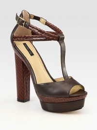 Snake-print leather heel, adjustable straps and platform insert add a dash of luxe to this leather t-strap design. Snake-print leather heel, 5½ (140mm)Island platform with snake-print leather insert, 1½ (40mm)Compares to a 4 heel (100mm)Snake-print leather and leather upperLeather lining and solePadded insoleImportedOUR FIT MODEL RECOMMENDS ordering true size. Snake-print leather heel, adjustable straps and platform insert add a dash of luxe to this leather t-strap design. Snake-print leather heel, 5½ (140mm)Island platform with snake-print leather insert, 1½ (40mm)Compares to a 4 heel (100mm)Snake-print leather and leather upperLeather lining and solePadded insoleImportedOUR FIT MODEL RECOMMENDS ordering true size.