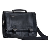 Lightweight laptop bag in a durable leather with double gusset flap closure and zip front pocket. Two compartments, organizer front panel. Quick release buckles for easy access. Back slash pockets. Comfortable, adjustable shoulder strap. Fits most 15 laptops.