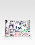 A vibrant pattern covers this compact design of pure cotton, finished with a smooth deerskin signature logo plaque. Top zip closureFully lined12½W X 8¼H X ½DMade in Italy