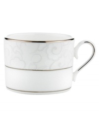 A sweet lace pattern combines with platinum borders to add graceful elegance to your tabletop. The classic shape and pristine white shade make this teacup a timeless addition to any meal. From Lenox's dinnerware and dishes collection. A sweet lace pattern combines with platinum borders to add graceful elegance to your tabletop. The classic shape and pristine white shade make this teacup a timeless addition to any meal. From Lenox's dinnerware and dishes collection.