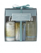 A perfect way to sample this limited edition Sea Grass Collection. Be transported to the seashore with a warm, breezy air of a relaxing summer day. Made from the freshest ingredients including a combination of citrus bouquet, sparkling notes of crisp greens, calming florals and hints of Cedar and Sandalwood. The essence of tranquility. Set includes: 10 oz. Hand and Body Lotion, 10 oz. Hand and Body Wash and 6 oz. individually wrapped Soap.