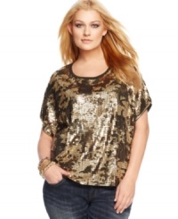 Salute the metallic trend with MICHAEL Michael Kors' short sleeve plus size top, showcasing a sequined front. Salute the metallic trend with MICHAEL Michael Kors' short sleeve plus size top, showcasing a sequined front.