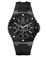 Talk a walk on the dark side with this blacked out sport watch from GUESS. Talk a walk on the dark side with this blacked out sport watch from GUESS.