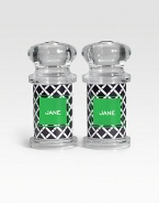 A set of transparent shakers boast curvy, modern lines to season every dish with individualized style. Salt & pepper not included Each: 5H X 2¼ diam. ImportedFOR PERSONALIZATION Select a quantity, then scroll down and click on PERSONALIZE & ADD TO BAG to choose and preview your monogramming options. Please allow 2 weeks for delivery.