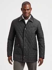 Sleek leather trim adds a modern update to this soft, quilted style.Point leather collarButton frontZip pocketsSlash pocketsAbout 35 from shoulder to hemPolyesterLeather trimDry clean by a leather specialistMade in Italy Sleek leather trim adds a modern update to this soft, quilted style.Point leather collarButton frontZip pocketsSlash pocketsAbout 35 from shoulder to hemPolyesterLeather trimDry clean by a leather specialistMade in Italy