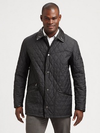 Sleek leather trim adds a modern update to this soft, quilted style.Point leather collarButton frontZip pocketsSlash pocketsAbout 35 from shoulder to hemPolyesterLeather trimDry clean by a leather specialistMade in Italy