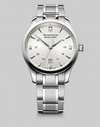 An elegant timepiece designed in polished stainless steel with a silver dial and renowned quartz precision. Round bezel Quartz movement Water resistant to 3 ATM Date function at 6 o'clock Second hand Stainless steel case: 45mm (1.77) Stainless steel bracelet: 28mm (1) Deployment clasp Imported 