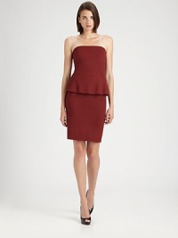 Sleek and elegant, this stretch ponte style is tailored with a chic, on-trend peplum.StraplessAttached peplumConcealed back zipAbout 20 from natural waist97% rayon/3% spandexDry cleanMade in USAModel shown is 5'10 (177cm) wearing US size Small. Sleek and elegant, this stretch ponte style is tailored with a chic, on-trend peplum.StraplessAttached peplumConcealed back zipAbout 20 from natural waist97% rayon/3% spandexDry cleanMade in USAModel shown is 5'10 (177cm) wearing US size Small.