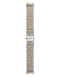 Designed to compliment and customize your Michele chronograph, this striking dual tone bracelet is richly crafted in stainless steel and 18 karat yellow gold plate. Designed to compliment and customize your Michele chronograph, this striking dual tone bracelet is richly crafted in stainless steel and 18 karat yellow gold plate.