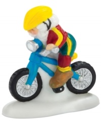 Accustomed to the snow, this daring commuter braves the streets to Santa's workshop on an electric-blue bike. A whimsical figurine from North Pole Village, also by Department 56. Accustomed to the snow, this daring commuter braves the streets to Santa's workshop on an electric-blue bike. A whimsical figurine from North Pole Village, also by Department 56.