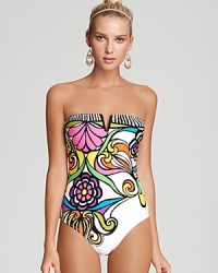 A bold print and bright palette pair up in this Trina Turk one piece. An optional halter strap and removable padding adds a bit of versatility to this lovable swimsuit. A bold print and bright palette pair up in this Trina Turk one piece. An optional halter strap and removable padding adds a bit of versatility to this lovable swimsuit.