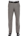 Flat front dress pants with two trouser pockets. Wool blend. Two welt pockets on back. Zip fly and hook closure.