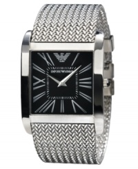 Update your classic look with this stylish watch by Emporio Armani. Stainless steel mesh bracelet and square case. Black dial with silvertone Roman numerals and logo, Quartz movement. Water resistant to 30 meters. Two-year limited warranty. Update your classic look with this stylish watch by Emporio Armani. Stainless steel mesh bracelet and square case. Black dial with silvertone Roman numerals and logo, Quartz movement. Water resistant to 30 meters. Two-year limited warranty.