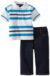 Nautica Sportswear Kids Baby-boys Infant Short Sleeve Striped Polo with Denim Pant, Sail White, 24 Months