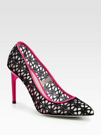 A dramatic lace overlay transforms this mesh pump with smooth patent leather trim. Lacquered heel, 3½ (90mm)Mesh upper with lace overlay and patent leather trimPoint toeLeather lining and solePadded insoleMade in Italy A dramatic lace overlay transforms this mesh pump with smooth patent leather trim. Lacquered heel, 3½ (90mm)Mesh upper with lace overlay and patent leather trimPoint toeLeather lining and solePadded insoleMade in Italy