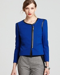 Infuse your 9-to-5 style with sharp edge as faux-leather trim accentuates a sculptural VINCE CAMUTO jacket. Infuse your 9-to-5 style with sharp edge as faux-leather trim accentuates a sculptural VINCE CAMUTO jacket.