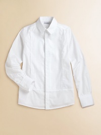 A distinguished cotton shirt, just like the grown-up version, with handsome front tuxedo pleats and faux French cuffs.Modified point collarPleated frontHidden button placketButton cuffsBack dartsCottonMachine washImported A distinguished cotton shirt, just like the grown-up version, with handsome front tuxedo pleats and faux French cuffs.Modified point collarPleated frontHidden button placketButton cuffsBack dartsCottonMachine washImported