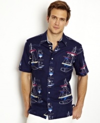 Set sail. Keep your cool casual style afloat with this graphic shirt from Nautica. Set sail. Keep your cool casual style afloat with this graphic shirt from Nautica.