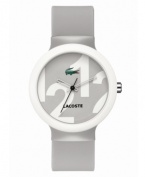 A touch of gray gives that distinguished look. Unisex Goa watch by Lacoste crafted of light gray silicone strap and round plastic case with white bezel. Gray dial features 1212 print, iconic crocodile logo at three o'clock, cut-out hour and minute hands, and black second hand. Quartz movement. Water resistant to 30 meters. Two-year limited warranty.