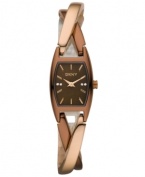 DKNY crafts a twist ending with this chic timepiece. Crafted of brown and rose-gold ion-plated stainless steel twist bracelet and rectangular case. Brown dial features rose-gold tone applied stick indices, crystal accents at three and nine o'clock, logo at twelve o'clock and rose-gold tone two hands. Quartz movement. Water resistant to 30 meters. Two-year warranty.