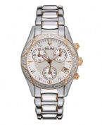 Glints of glamour accent this stunning watch by Bulova. Stainless steel bracelet with rose-gold tone accents and round case. Bezel with rose-gold tone accents and 16 glittering diamonds (1/10 ct. t.w.). White dial features textured inner dial, applied rose-gold tone stick indices, diamond accent markers, black minute track, date window, three subdials, luminous hands and logo. Quartz movement. Water resistant to 30 meters. Three-year limited warranty.