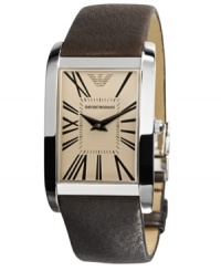Soothing tones make this fine watch the perfect 24/7 accessory, by Emporio Armani. Crafted of dark brown leather strap and rectangular stainless steel case. Amber dial features brown Roman numerals, two hands, minute track and logo at twelve o'clock. Quartz movement. Water resistant to 30 meters. Two-year limited warranty. Soothing tones make this fine watch the perfect 24/7 accessory, by Emporio Armani. Crafted of dark brown leather strap and rectangular stainless steel case. Amber dial features brown Roman numerals, two hands, minute track and logo at twelve o'clock. Quartz movement. Water resistant to 30 meters. Two-year limited warranty.