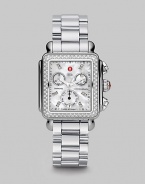 From the Deco Collection. A sleek stainless steel design with brilliant diamond accents and a chronograph dial. Swiss quartz movementWater resistant to 5 ATMRectangular stainless steel case, 33mm (1.3) X 35mm (1.4)Diamond bezel and markers, .66 tcwMother-of-pearl chronograph dialDate display at 6 o'clockSecond hand Stainless steel link bracelet, 18mm wide (0.7)Imported