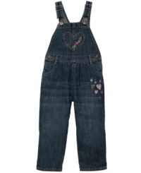 Put some color in her world with these darling heart-accented denim overalls from Osh Kosh. Put some color in her world with these darling heart-accented denim overalls from Osh Kosh.