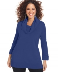 Snuggle up in the cozy comfort of JM Collection's long sleeve plus size sweater, finished by a cowl neckline. Snuggle up in the cozy comfort of JM Collection's long sleeve plus size sweater, finished by a cowl neckline.
