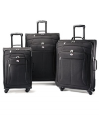 Hit the bright spot! Here's a fresh approach to taking a trip-this comprehensive collection features three single wheel spinners that roll with the punches of travel by packing in even more and taking the stress and strain out of leading your luggage through busy terminals. Each just bright bag adds a pop of serious color for a new perspective on taking flight. Hit the bright spot! Here's a fresh approach to taking a trip-this comprehensive collection features three single wheel spinners that roll with the punches of travel by packing in even more and taking the stress and strain out of leading your luggage through busy terminals. Each just bright bag adds a pop of serious color for a new perspective on taking flight.
