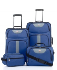 Find your next adventure with this sporty luggage set from American Explorer. Each piece -- from expandable upright to handy toiletry kit -- is designed to lead to you exciting new places, packed with everything you need to make the most of your journey. Three-year warranty. Find your next adventure with this sporty luggage set from American Explorer. Each piece -- from expandable upright to handy toiletry kit -- is designed to lead to you exciting new places, packed with everything you need to make the most of your journey. Three-year warranty.