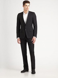 A singular design with a modern fit suited for business or pleasure in beautifully tailored Italian wool. Fully lined. Wool. Dry clean. Made in Italy.JACKETTwo-button front with peaked lapel Two flap pockets, one ticket pocket Four-button cuff detail Back vents About 29½ from shoulder to hemPANTSFlat front, belt loops Zip fly Side slash, back besom pockets Leg openings, 7½ Unfinished hem A singular design with a modern fit suited for business or pleasure in beautifully tailored Italian wool. Fully lined. Wool. Dry clean. Made in Italy.JACKETTwo-button front with peaked lapel Two flap pockets, one ticket pocket Four-button cuff detail Back vents About 29½ from shoulder to hemPANTSFlat front, belt loops Zip fly Side slash, back besom pockets Leg openings, 7½ Unfinished hem