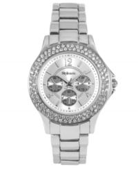 Style&co. took some cues from your boyfriend's watch to create this glitzy model for you. Silver tone mixed metal bracelet and round case. Bezel embellished with crystal accents. Silver tone dial features numerals, stick indices, minute track, three multifunctional subdials, three hands and logo. Quartz movement. Two-year limited warranty. Style&co. took some cues from your boyfriend's watch to create this glitzy model for you. Silver tone mixed metal bracelet and round case. Bezel embellished with crystal accents. Silver tone dial features numerals, stick indices, minute track, three multifunctional subdials, three hands and logo. Quartz movement. Two-year limited warranty.