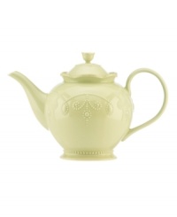 With fanciful beading and a feminine edge, this Lenox French Perle teapot has an irresistibly old-fashioned sensibility. Hardwearing stoneware is dishwasher safe and, in a soft pistachio hue with antiqued trim, a graceful addition to any meal. With fanciful beading and a feminine edge, this Lenox French Perle teapot has an irresistibly old-fashioned sensibility. Hardwearing stoneware is dishwasher safe and, in a soft pistachio hue with antiqued trim, a graceful addition to any meal.