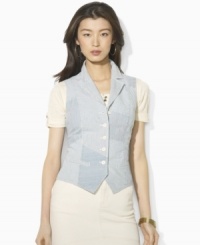 The chic polish of Lauren Jeans Co.'s classic vest gets a modern update in a striped patchwork construction rendered from soft, lightweight denim. The chic polish of Lauren Jeans Co.'s classic vest gets a modern update in a striped patchwork construction rendered from soft, lightweight denim.