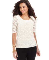 NY Collection's top features a romantic lace overlay that's sheer at the sleeves. Perfect for adding a touch of vintage inspiration to your look! NY Collection's top features a romantic lace overlay that's sheer at the sleeves. Perfect for adding a touch of vintage inspiration to your look!