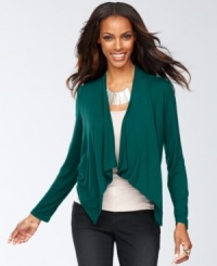 A swingy cardigan makes an easy layering piece all season long. INC's version features an open front and soft, cascading ruffles in back. (Clearance) A swingy cardigan makes an easy layering piece all season long. INC's version features an open front and soft, cascading ruffles in back. (Clearance)