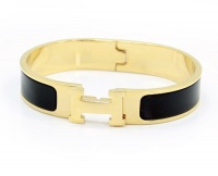 Designer Inspired H Buckle Black Enamel 18K Yellow Gold Electroplated Titianium Bracelet Bangle Small