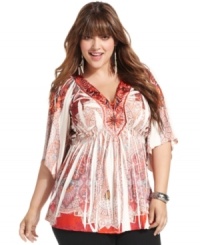 Team your fave jeans with One World's three-quarter-sleeve plus size top, rocking a sublimated print. Team your fave jeans with One World's three-quarter-sleeve plus size top, rocking a sublimated print.