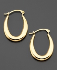 These gorgeous hoop earrings crafted in 14k gold feature a unique design and an eye-catching shape. Approximate diameter: 1/2 inch. Approximate drop: 3/4 inch. These gorgeous hoop earrings crafted in 14k gold feature a unique design and an eye-catching shape. Approximate diameter: 1/2 inch. Approximate drop: 3/4 inch.