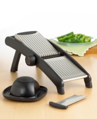 Incredibly easy to handle, this mandoline lets you slice like an expert. Cut apples, potatoes, carrots and other produce with uniformity and precision. Ergonomic design is slanted to allow ease of motion and safety. With three adjustable blades for different slicing thickness. Incredibly easy to handle, this mandoline lets you slice like an expert. Cut apples, potatoes, carrots and other produce with uniformity and precision. Ergonomic design is slanted to allow ease of motion and safety. With three adjustable blades for different slicing thickness.
