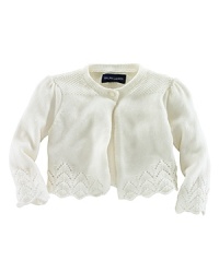 A cozy knit shrug is an adorable addition to any outfit with its delicate pointelle-knit details and scalloped trim. A cozy knit shrug is an adorable addition to any outfit with its delicate pointelle-knit details and scalloped trim.