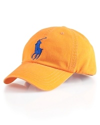A preppy baseball cap in signature cotton twill features athletic-inspired embroidery for iconic heritage. A preppy baseball cap in signature cotton twill features athletic-inspired embroidery for iconic heritage.