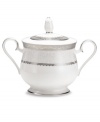 Relive the imperial grandeur with Noritake Odessa Platinum fine bone china. The collection sugar bowl with its intricate platinum detailing and impressive shape elevates your special occasions to something extraordinary. Coordinate with table settings and a full range of accessories.