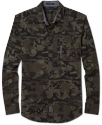 Camo goes killer in this military-inspired long-sleeved shirt from Sean John that departs from regulation by moving both pockets firmly to the left.