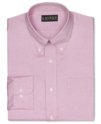 A jolt of color livens up a charcoal suit. This Lauren by Ralph Lauren slim-fit dress shirt will be your new fave.