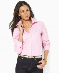 Slim stripes lend classic appeal to the timeless petite Lauren by Ralph Lauren Aaron shirt, rendered in smooth wrinkle-resistant cotton for easy style. Slim stripes lend classic appeal to the timeless petite Lauren by Ralph Lauren Aaron shirt, rendered in smooth wrinkle-resistant cotton for easy style.
